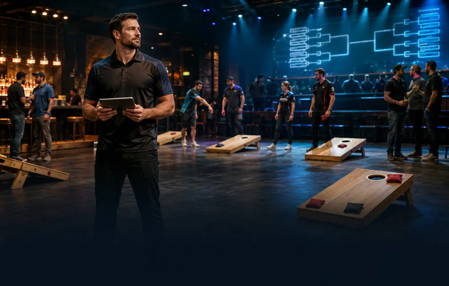 A league director overseeing multiple active cornhole boards and a large bracket display