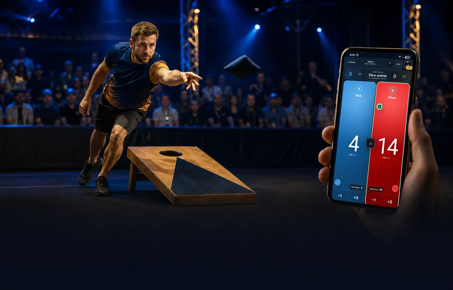 A competitive cornhole player throwing beside a phone showing the FourBagr live scoreboard