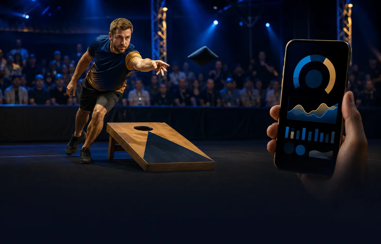 A competitive cornhole player throwing beside a phone with performance charts